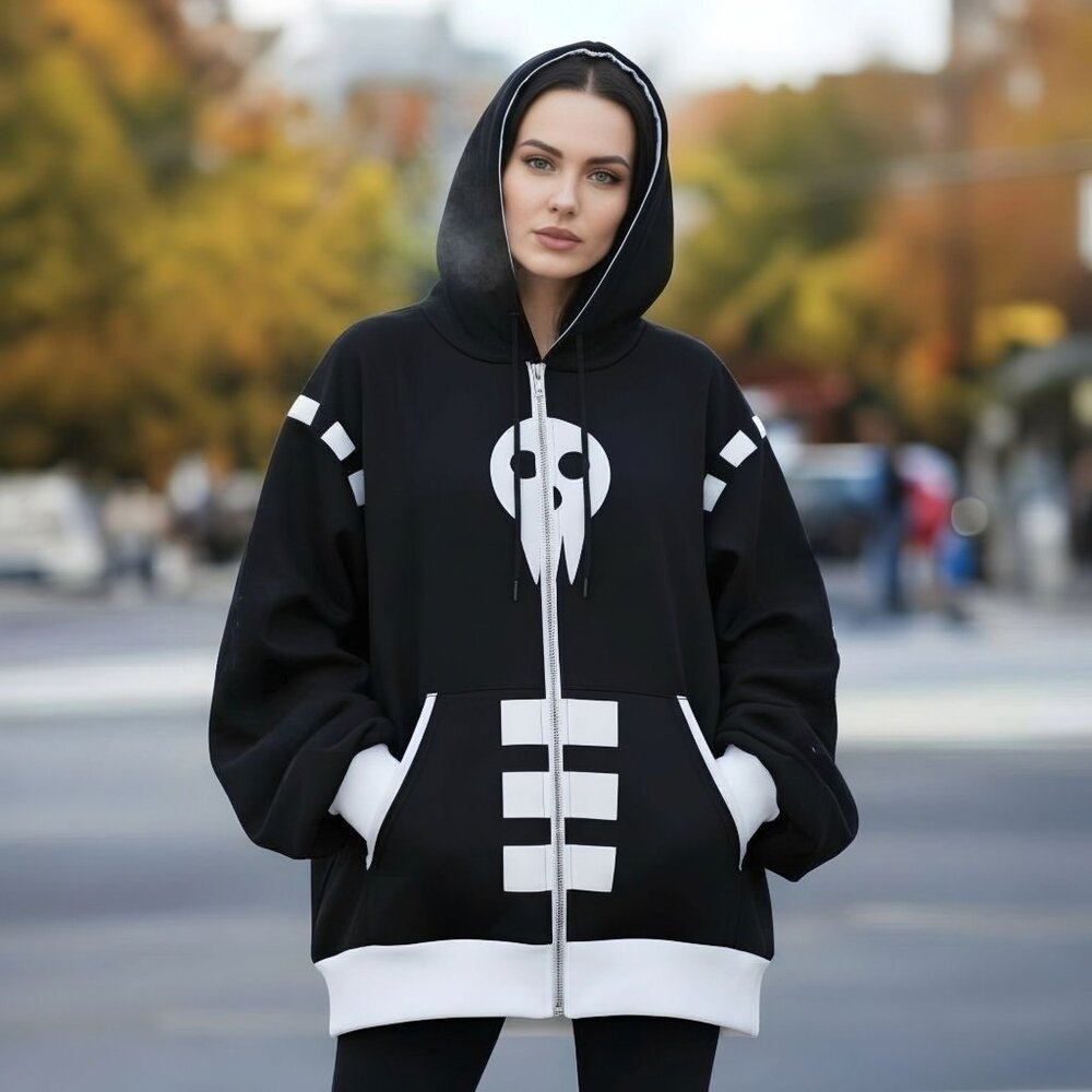 Soul Eater ✦ Skeleton Skull Print Hoodie ✦ Black White Silky Zip‑Up Unisex Small